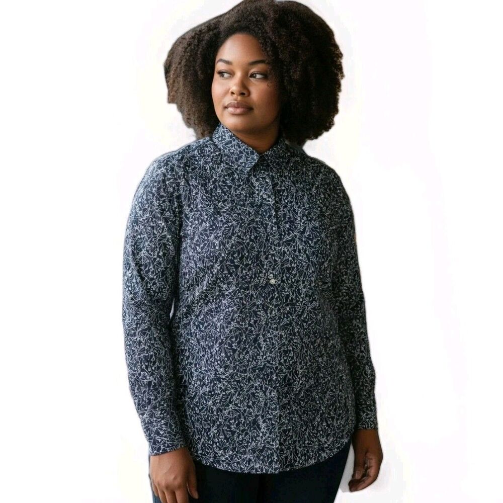 Lands' End Button-Down Shirt Womens Plus 26W Navy White Floral No Iron Supima